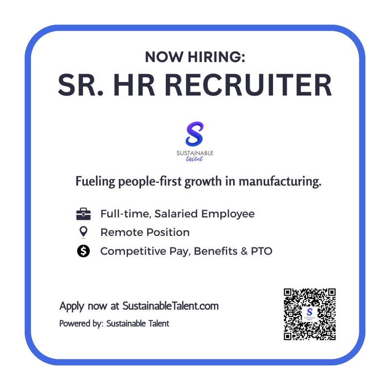 Now Hiring Senior HR Recruiter graphic for Sustainable Talent