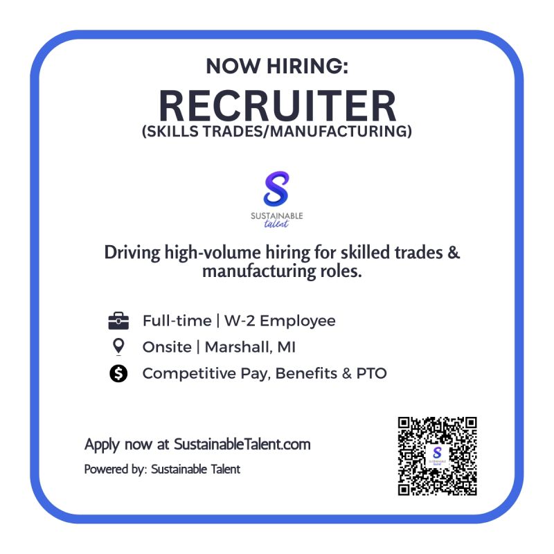 Now Hiring Recruiter for Skills Trades and Manufacturing graphic