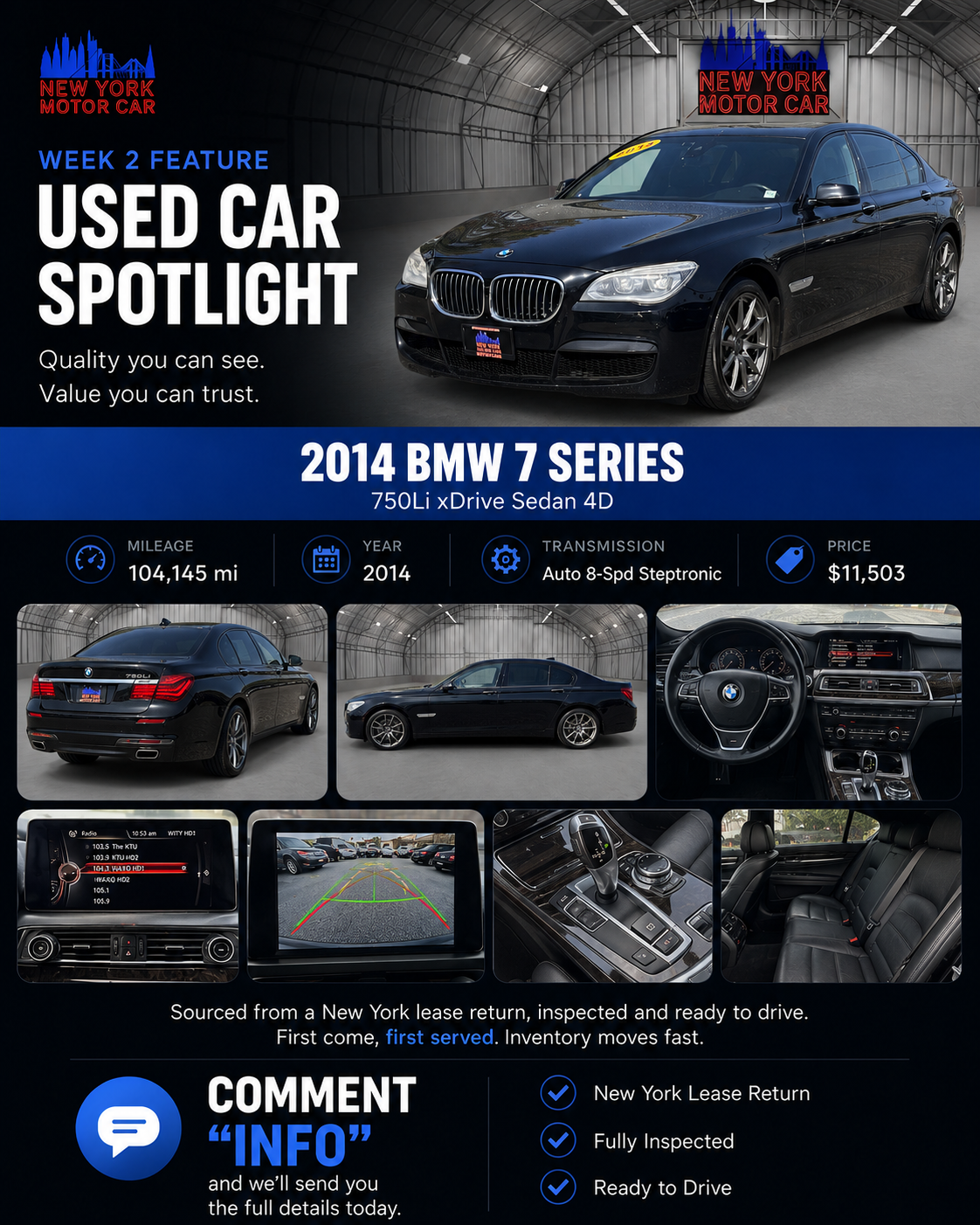 Used Car Spotlight graphic for a 2014 BMW 7 Series at New York Motor Car