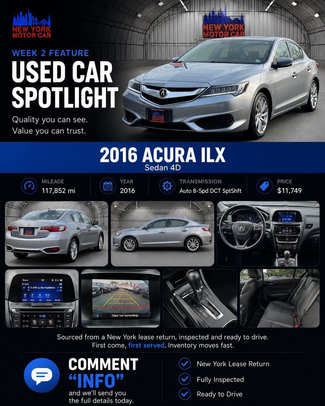 Used Car Spotlight graphic for a 2016 Acura ILX at New York Motor Car