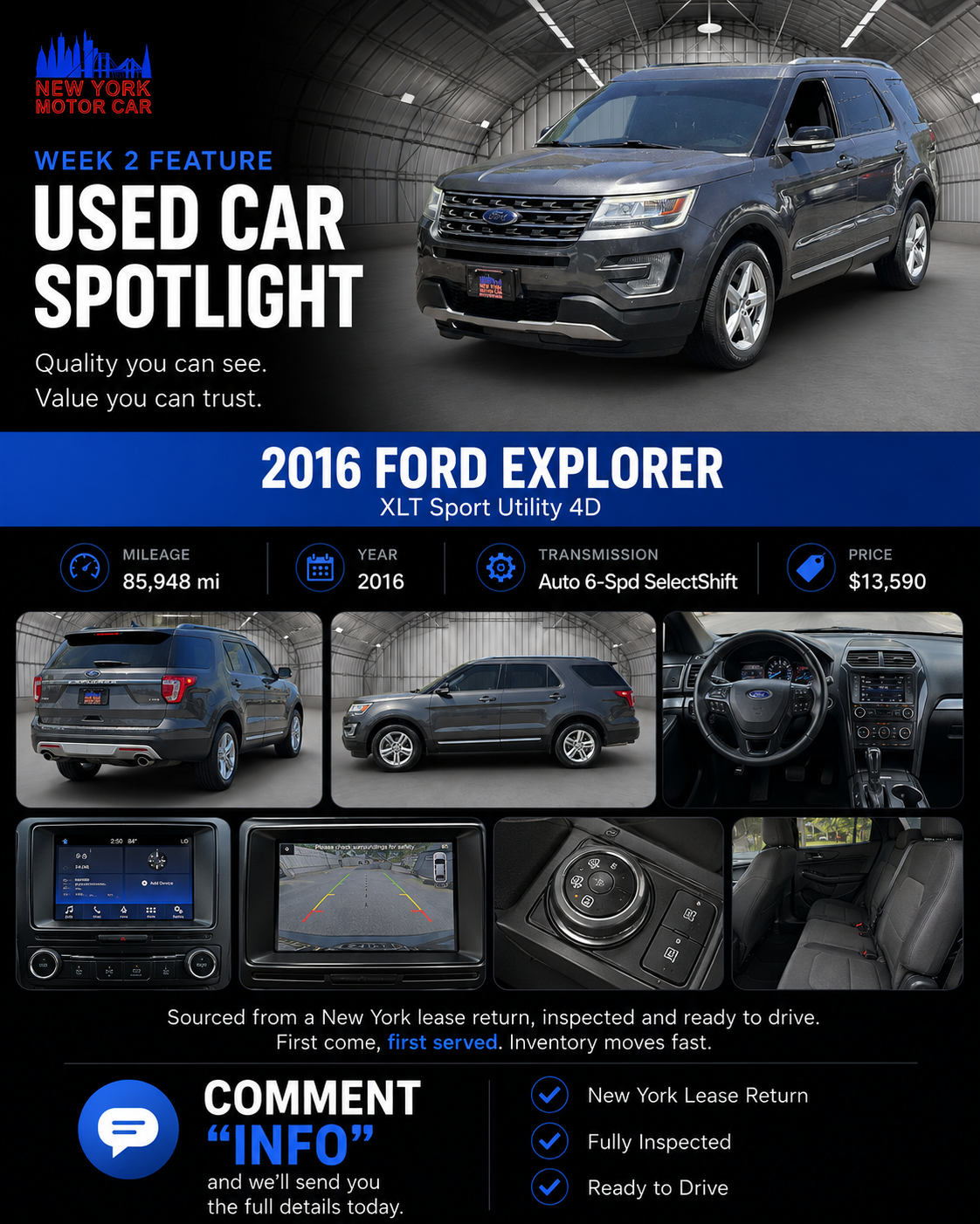Used Car Spotlight graphic for a 2016 Ford Explorer at New York Motor Car