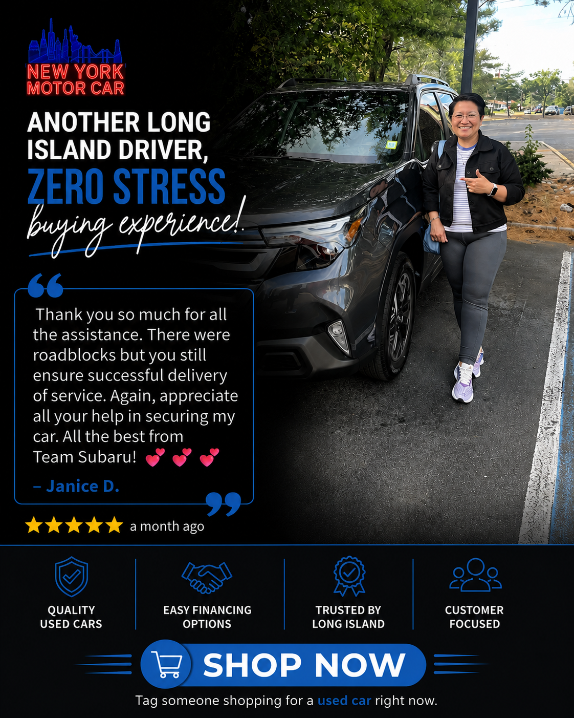 Zero Stress Buying Experience testimonial graphic for New York Motor Car