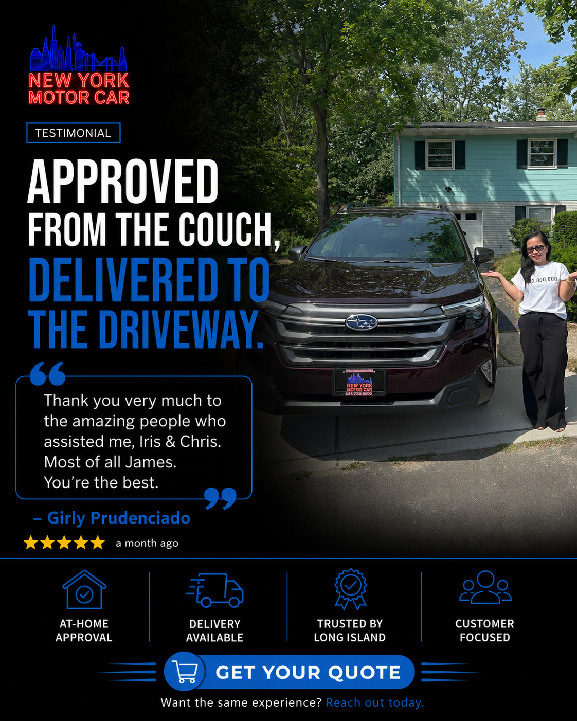 Approved From the Couch Delivered to the Driveway testimonial graphic for New York Motor Car