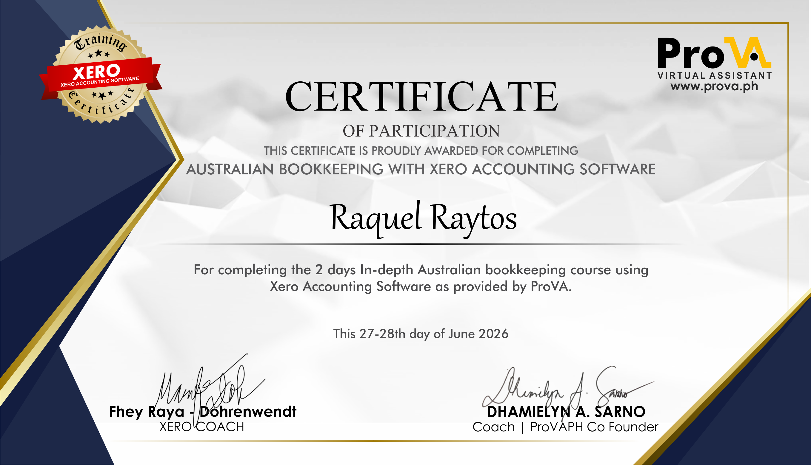 Certificate of Participation, Australian Bookkeeping with Xero Accounting Software