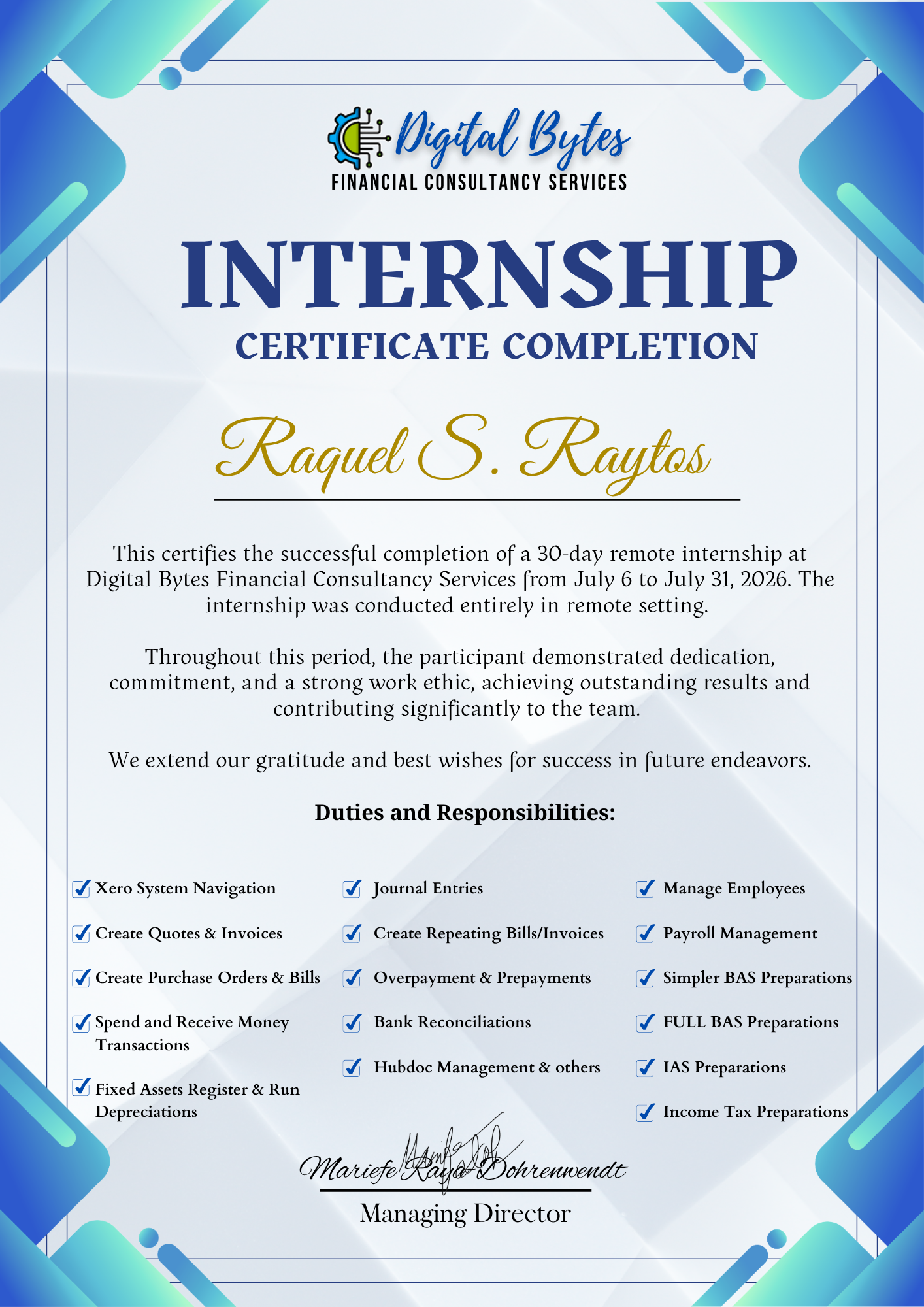 Internship Certificate of Completion, Digital Bytes Financial Consultancy Services