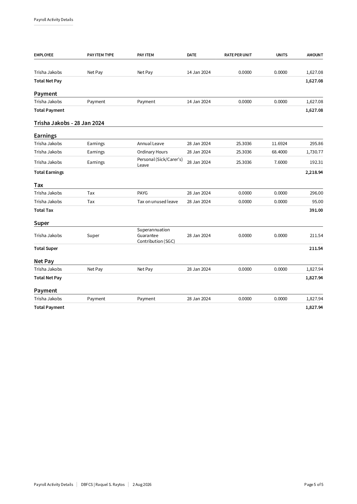 Payroll Activity Details, page 5
