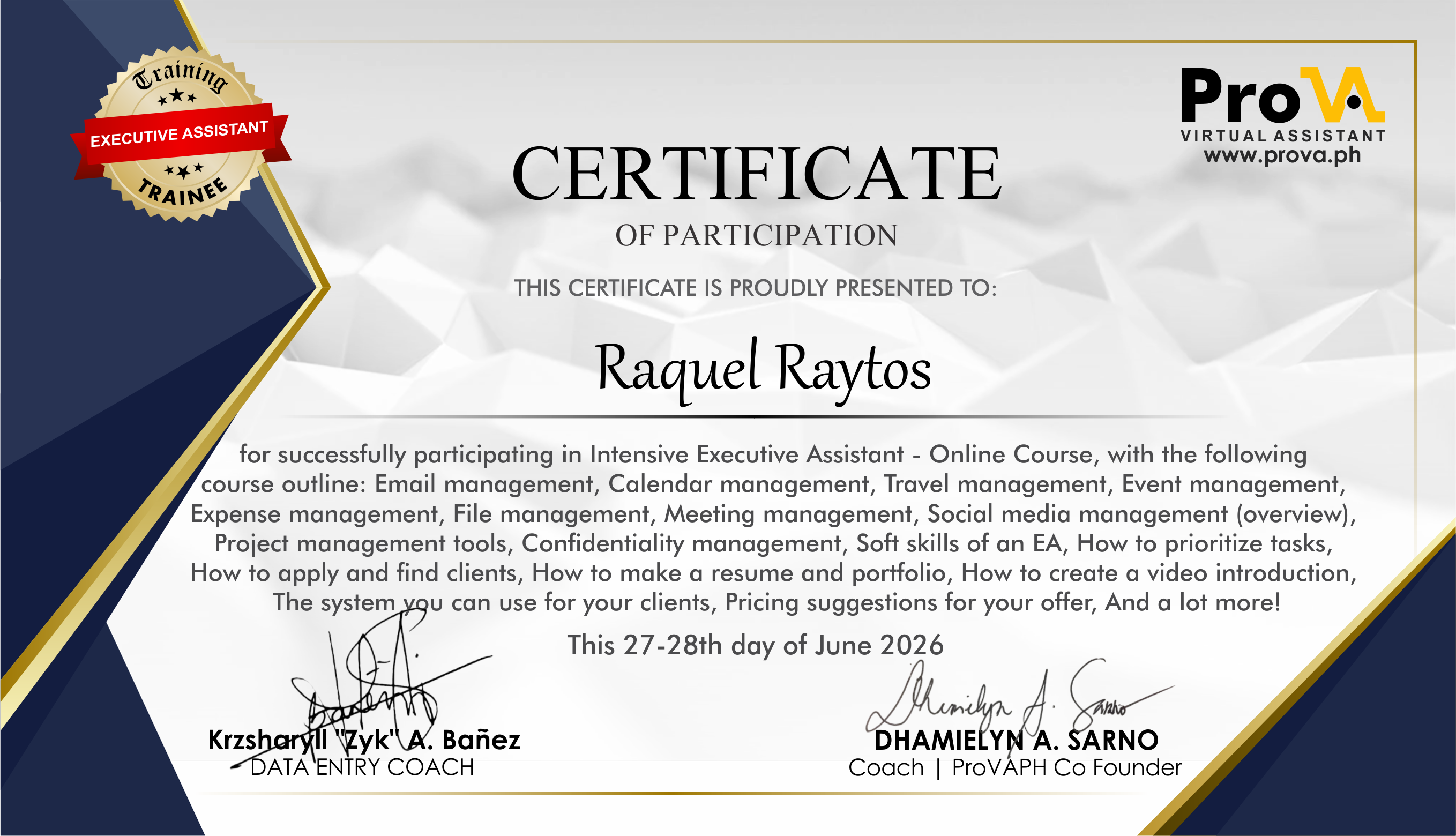 Certificate of Participation, Intensive Executive Assistant Online Course