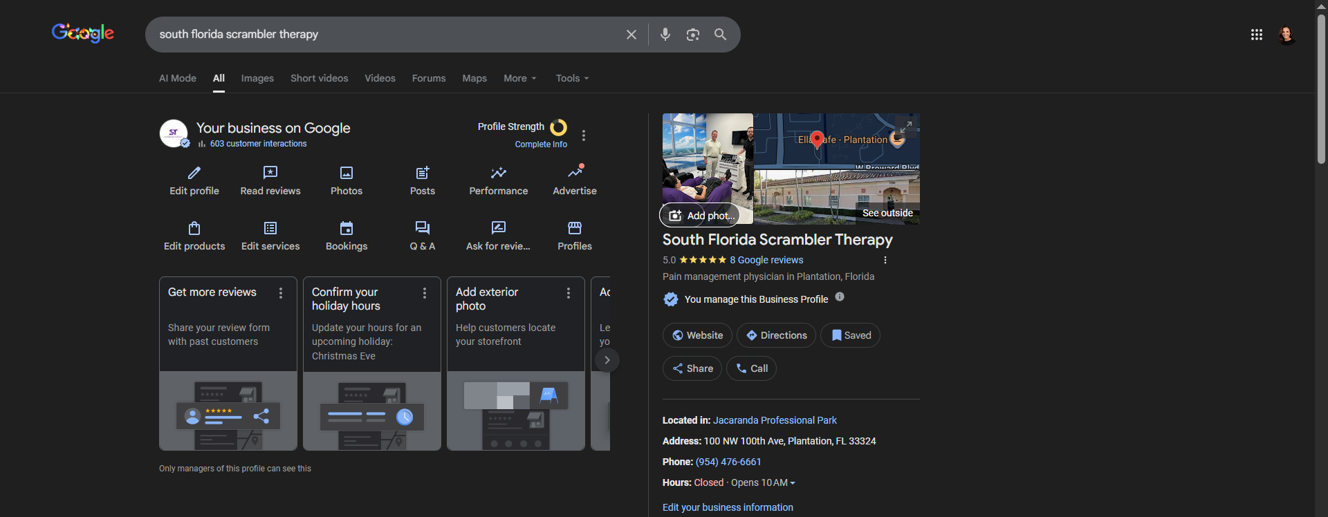 South Florida Scrambler Therapy Google Business Profile listing