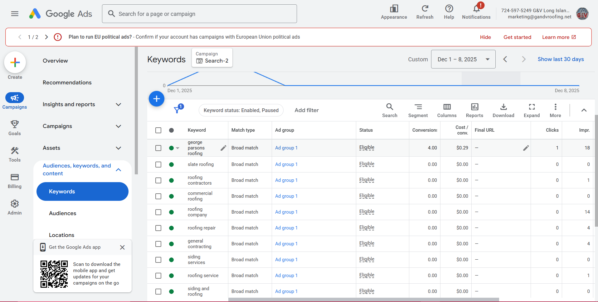 Google Ads keyword-level tracking table for G&V Roofing
