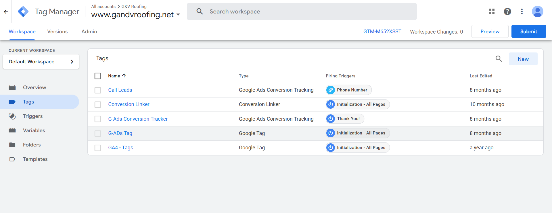 Google Tag Manager tags configuration for G&V Roofing