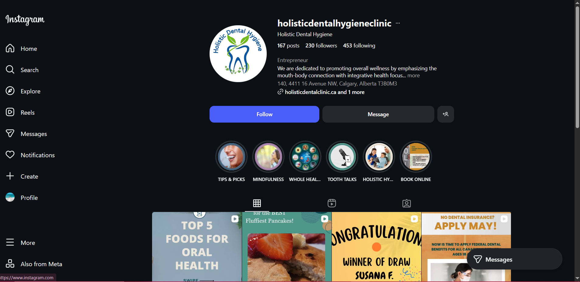 Instagram profile for Holistic Dental Hygiene Clinic