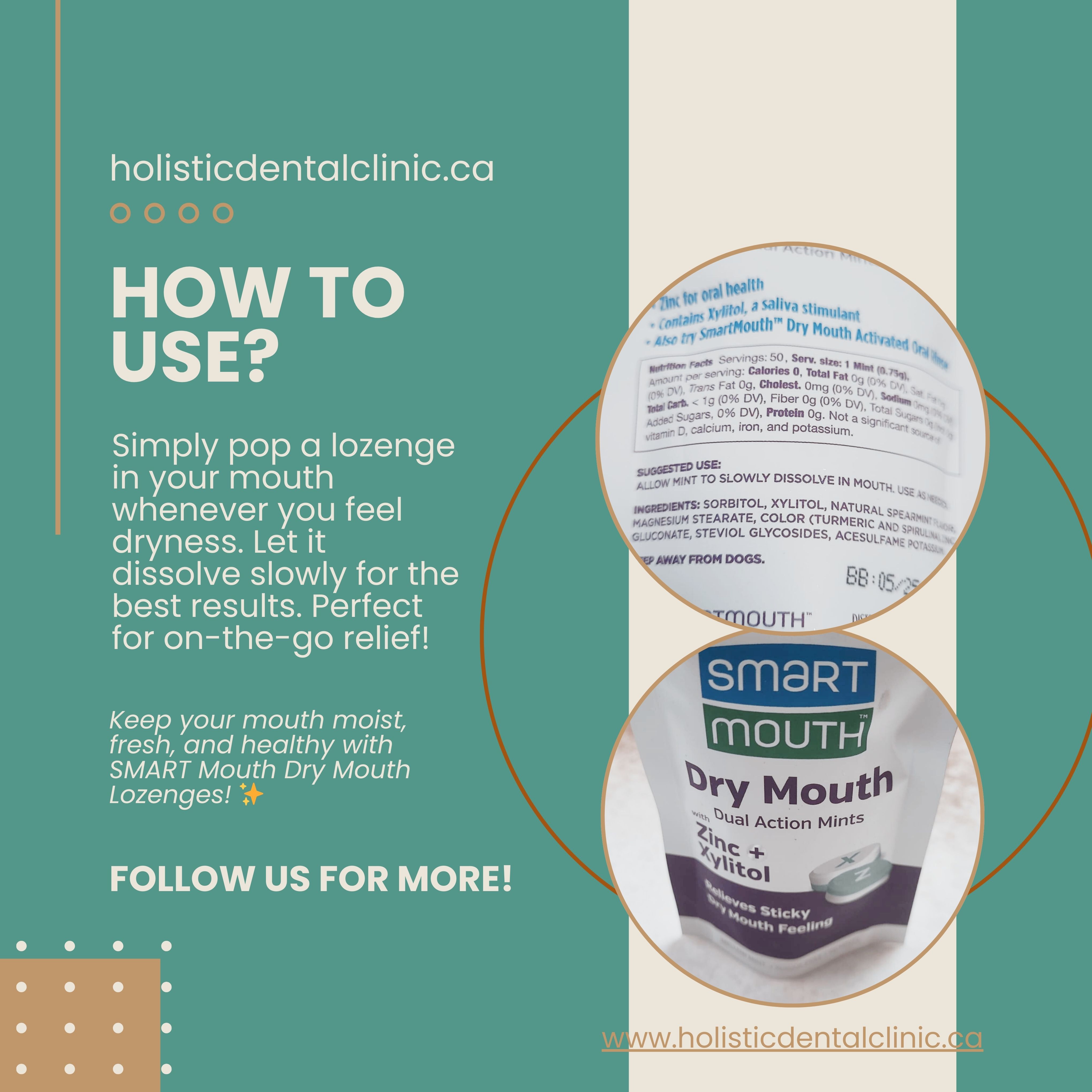 SMART Mouth Lozenges How to Use graphic for Holistic Dental Hygiene Clinic