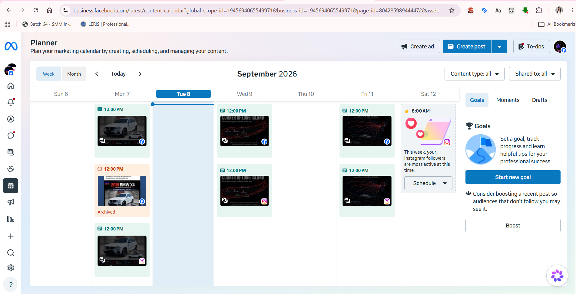 Meta Business Suite content calendar for New York Motor Car