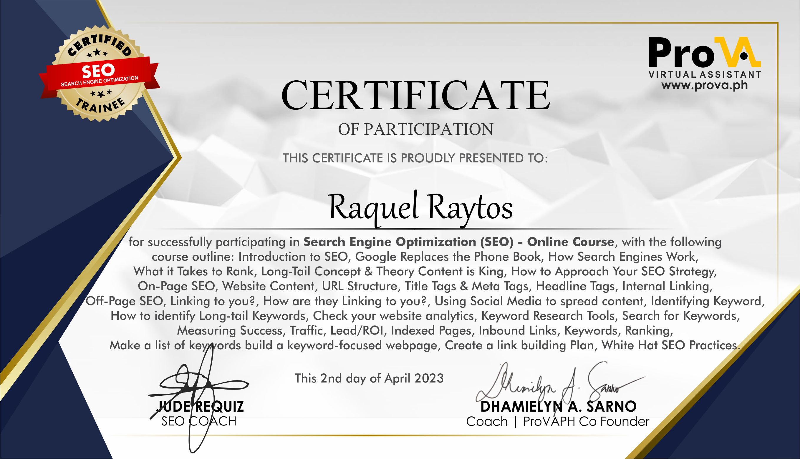 Certificate of Participation, Search Engine Optimization Online Course