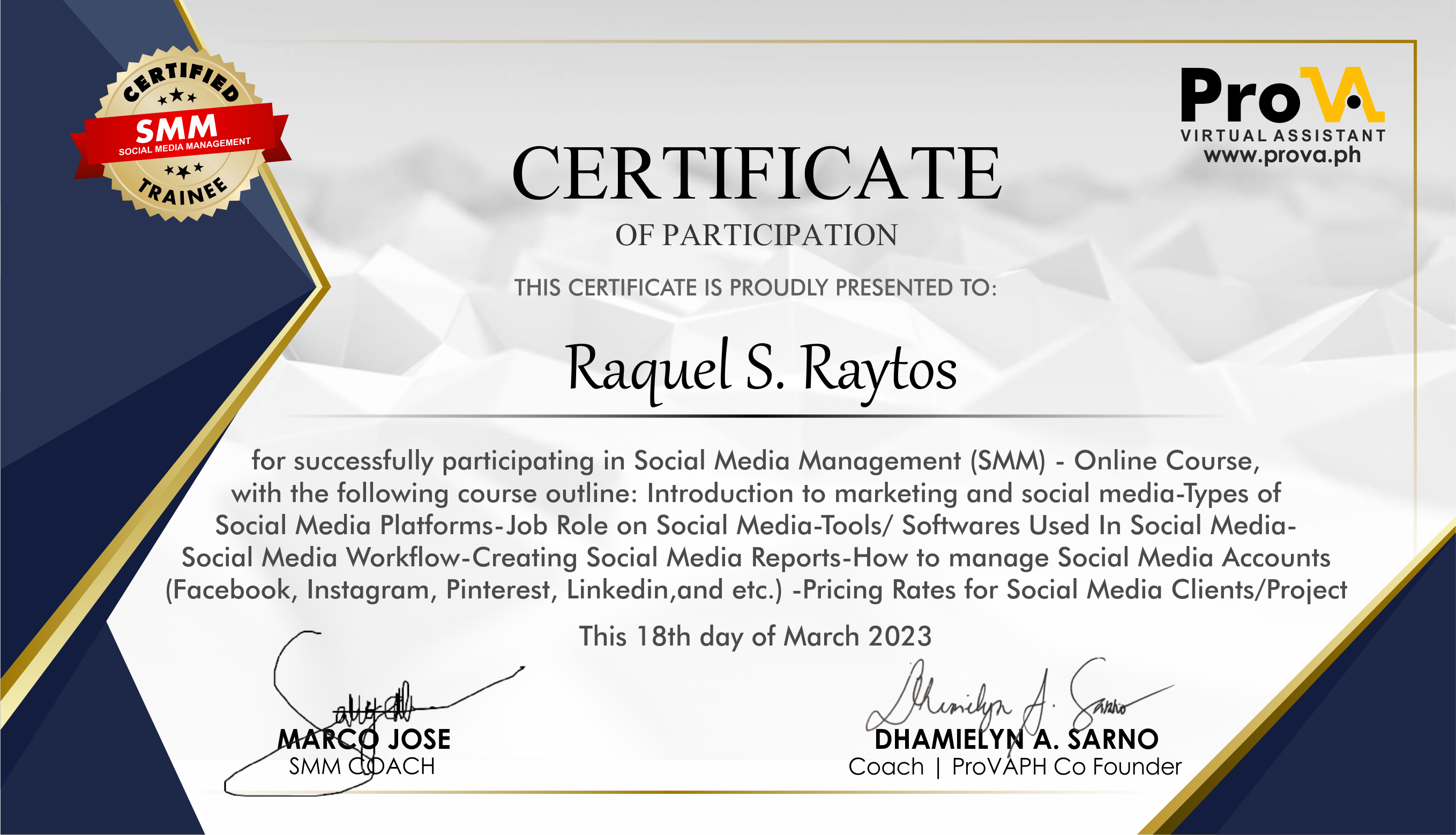 Certificate of Participation, Social Media Management Online Course