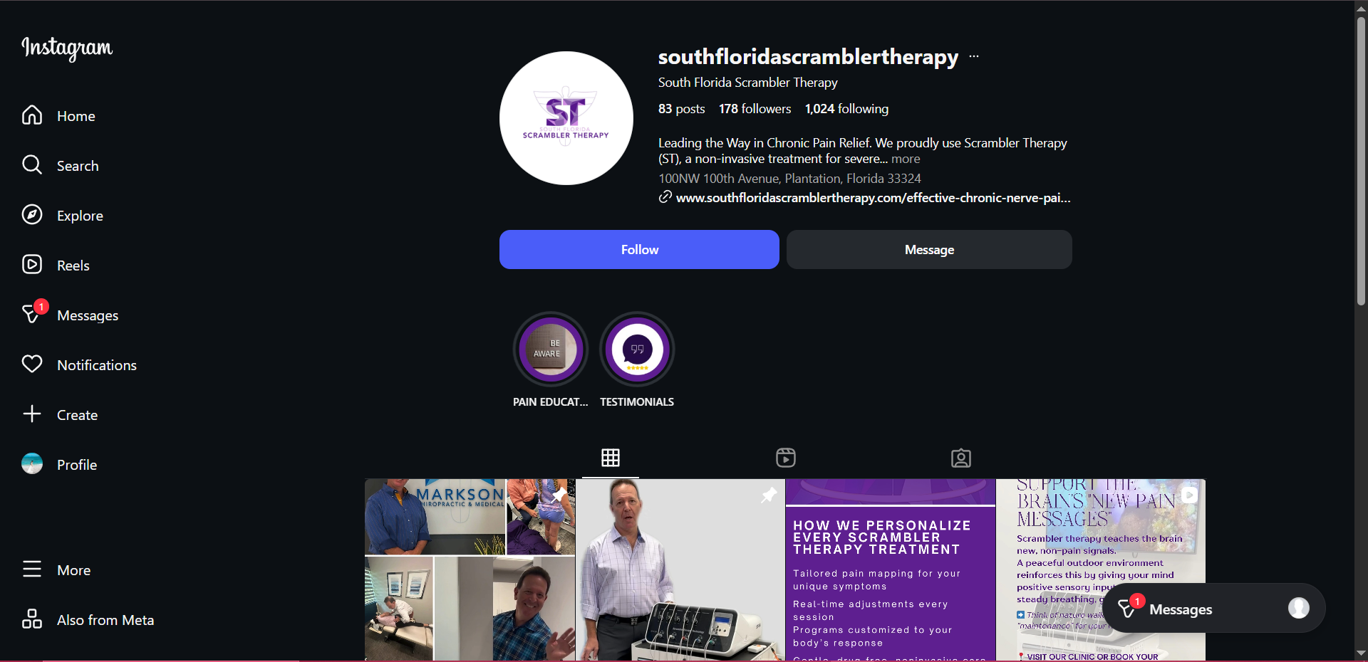 Instagram profile for South Florida Scrambler Therapy