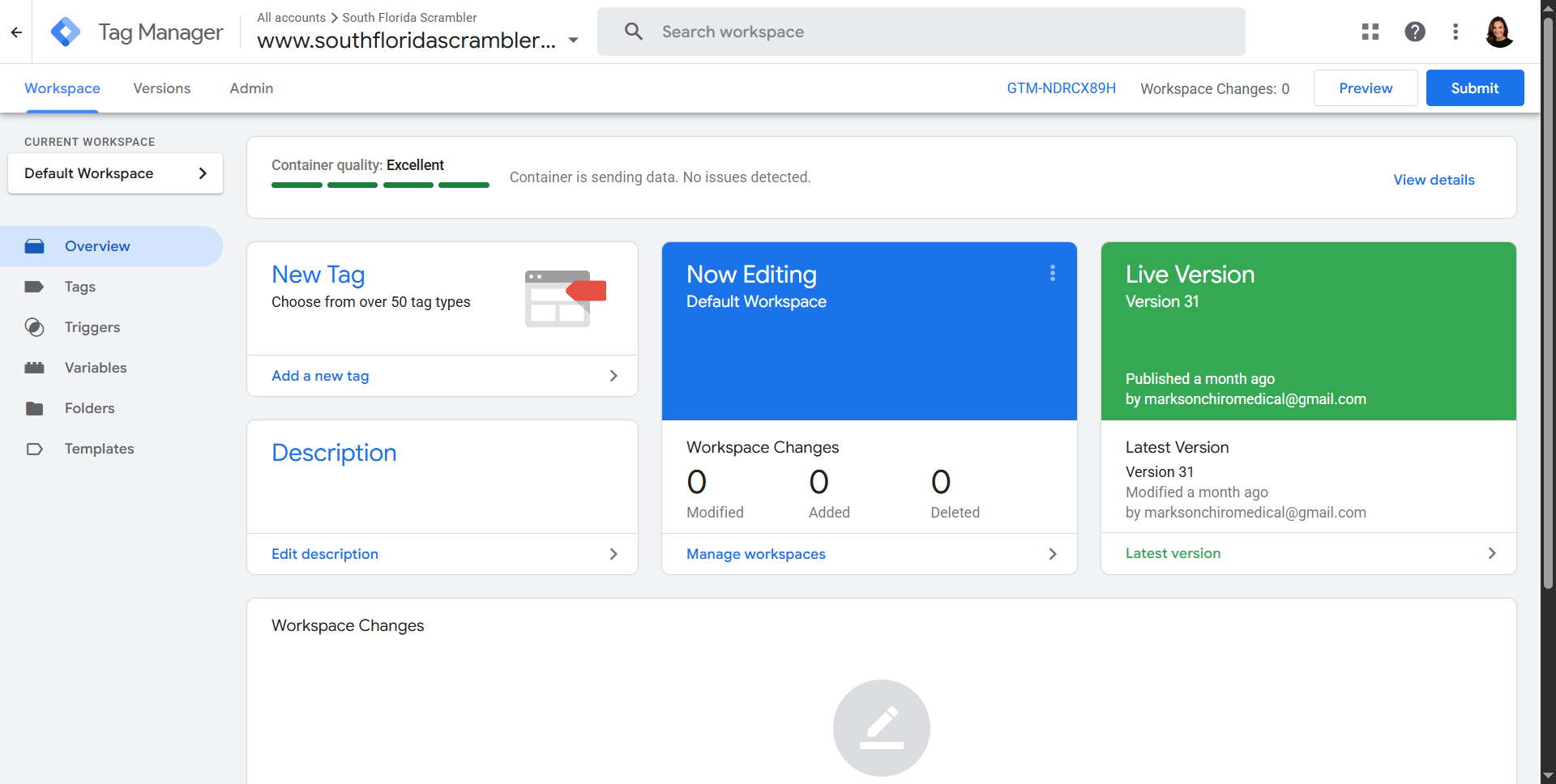 Google Tag Manager workspace overview for South Florida Scrambler