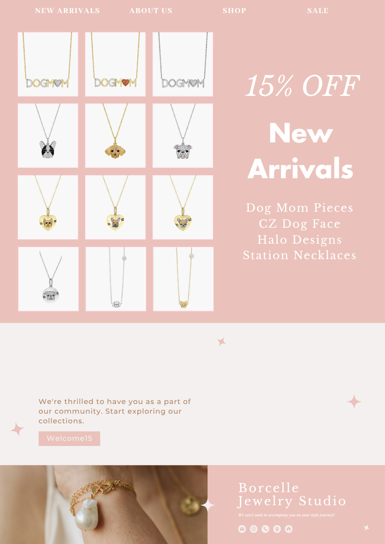 New Arrivals product grid graphic for Scamper and Co