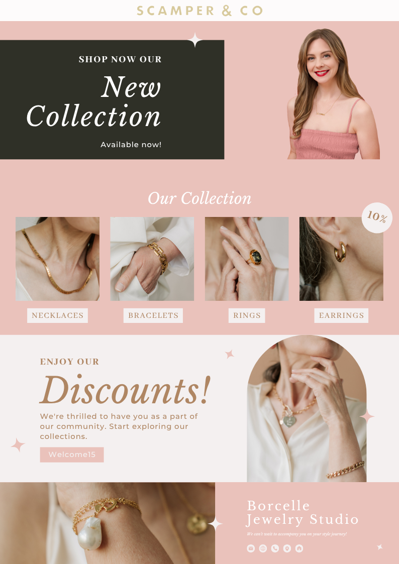 New Collection homepage layout graphic for Scamper and Co