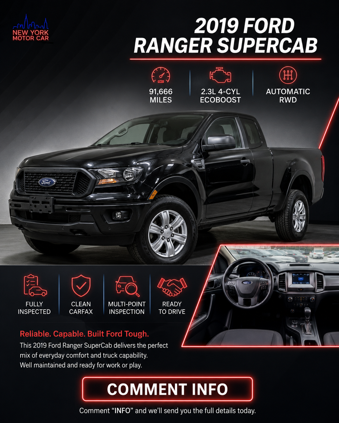 2019 Ford Ranger SuperCab inventory spotlight graphic for New York Motor Car