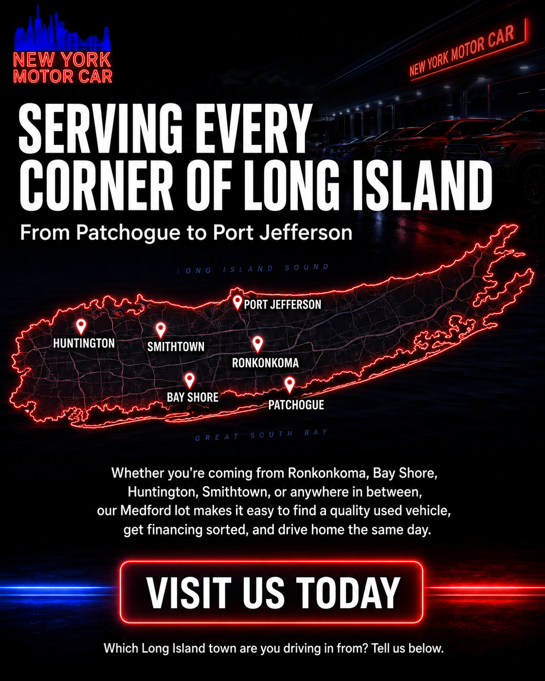 Serving Every Corner of Long Island service area map graphic for New York Motor Car
