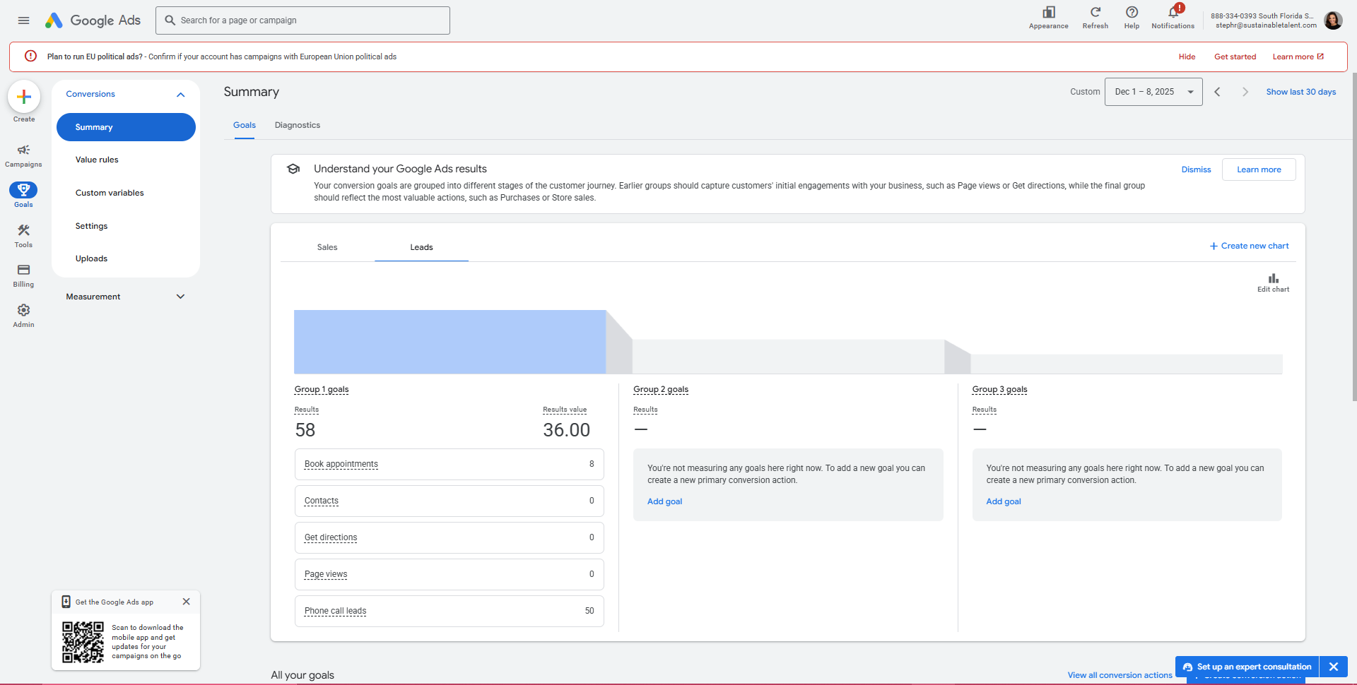 Google Ads conversion goals summary for Sustainable Talent