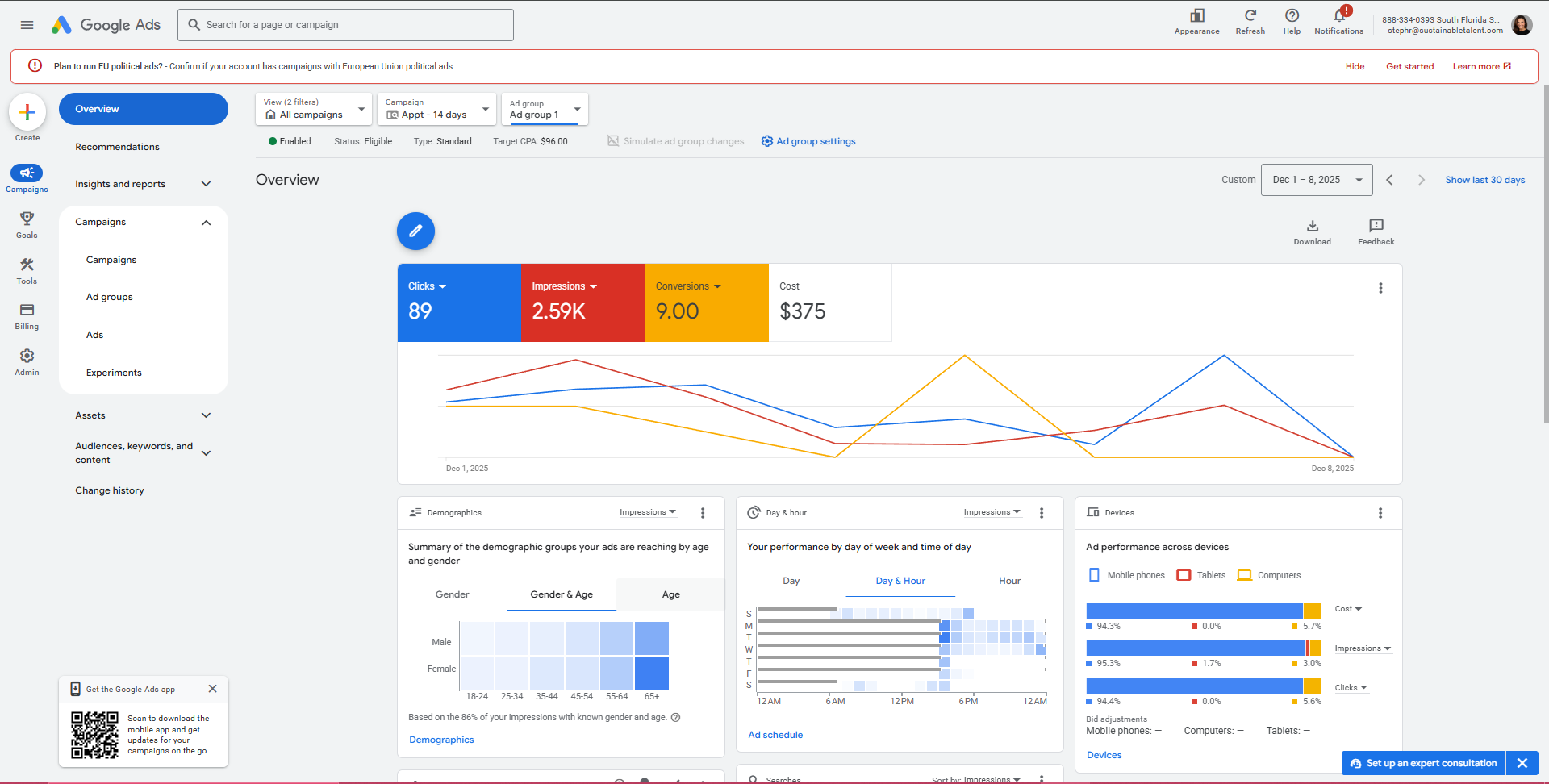 Google Ads campaign overview dashboard for Sustainable Talent