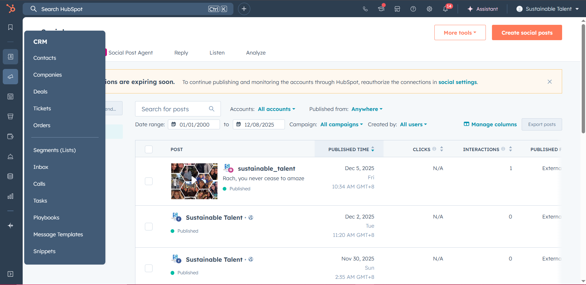 HubSpot social post performance dashboard for Sustainable Talent