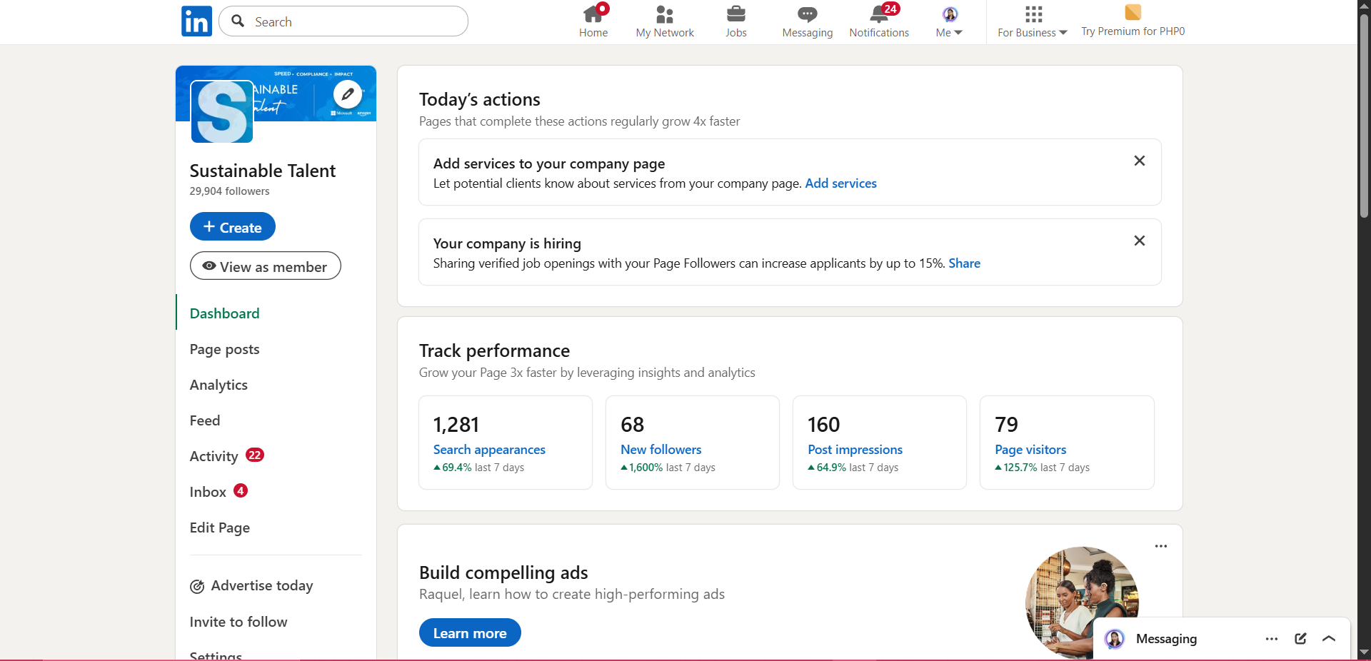LinkedIn company page dashboard for Sustainable Talent