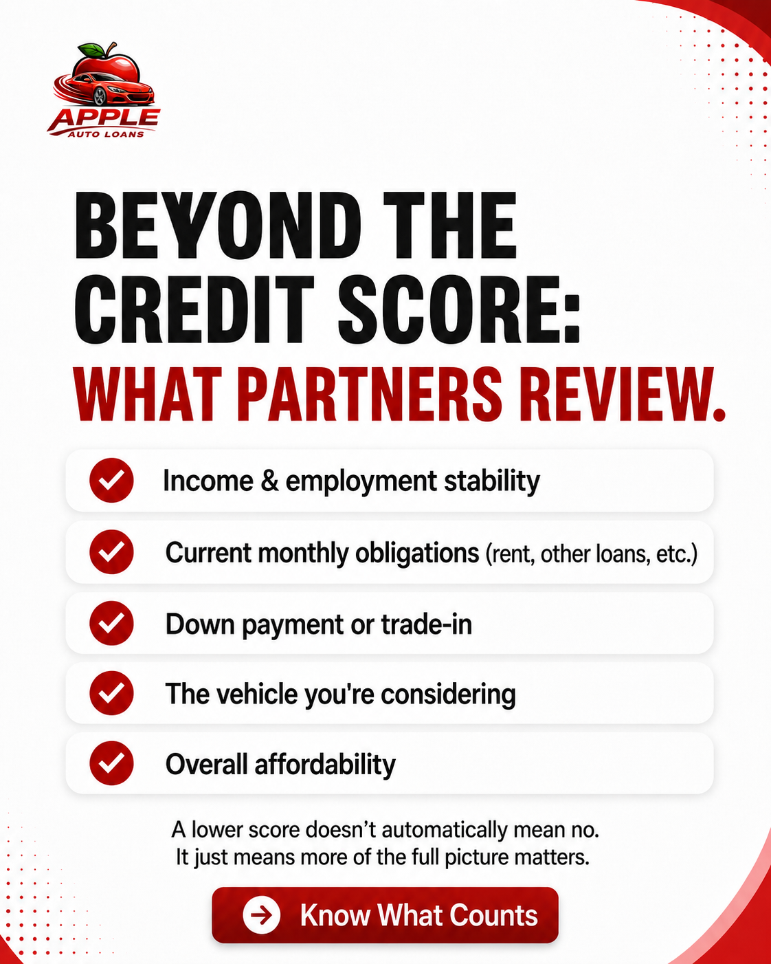 Beyond the Credit Score educational graphic for Apple Auto Loans