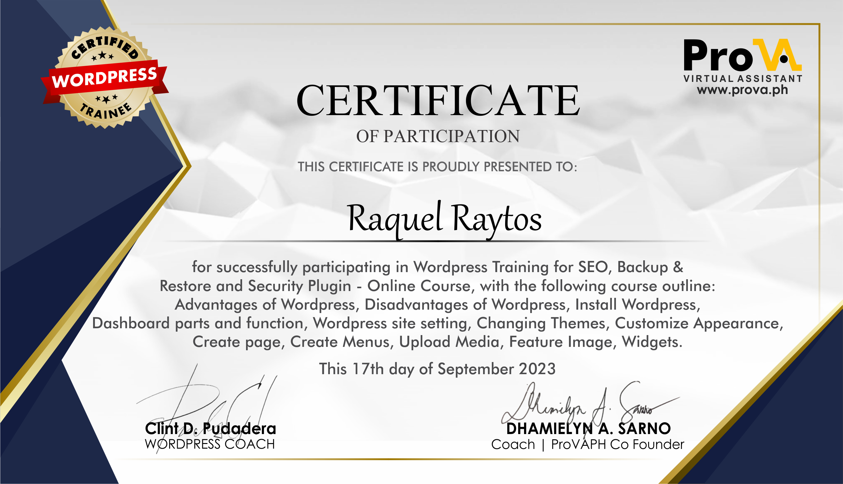 Certificate of Participation, WordPress Training for SEO, Backup and Restore, and Security