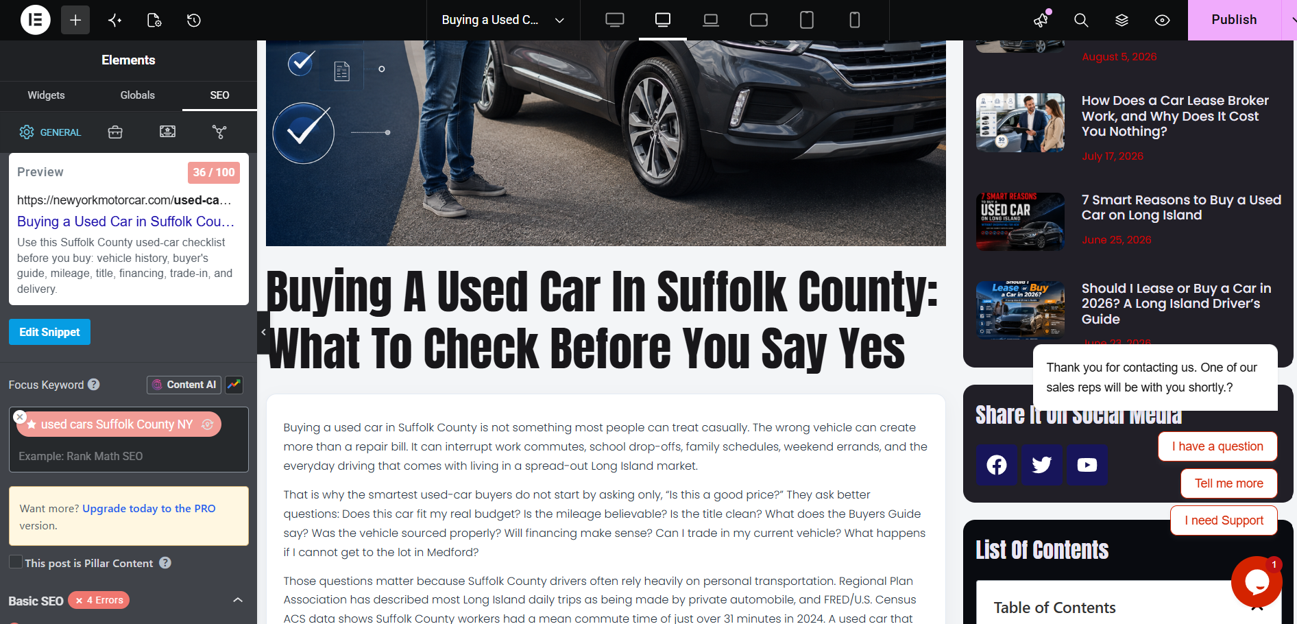Elementor editor with Rank Math SEO panel for a used car buying guide blog post