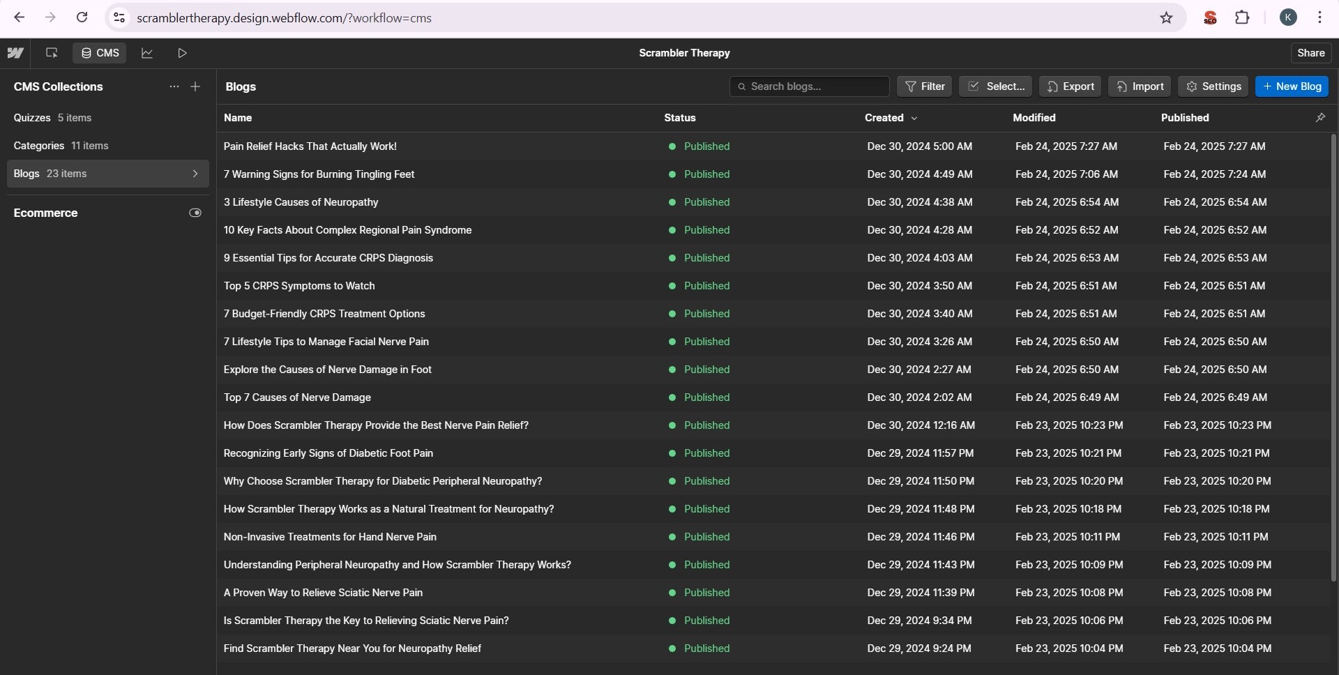 Webflow CMS collection showing 23 published blog posts for Scrambler Therapy