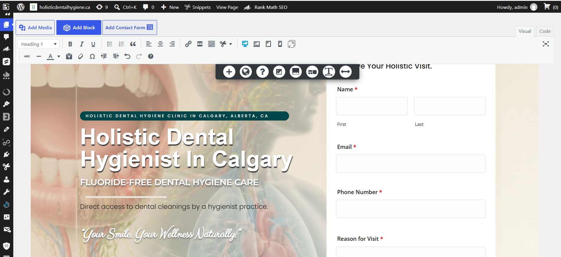 WordPress block editor showing the homepage hero heading for a holistic dental hygiene clinic