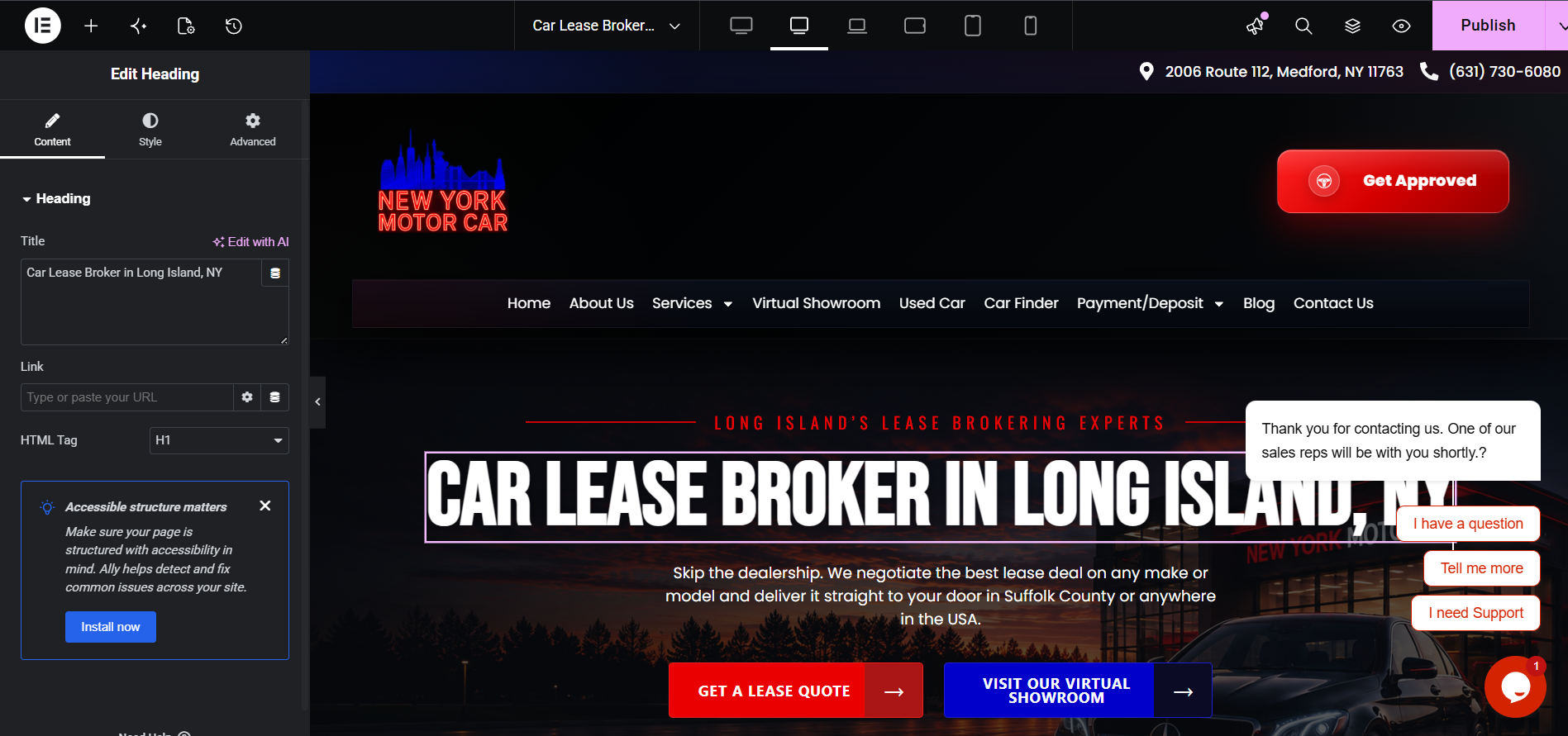 Elementor editor showing homepage H1 heading being edited for a car lease broker site