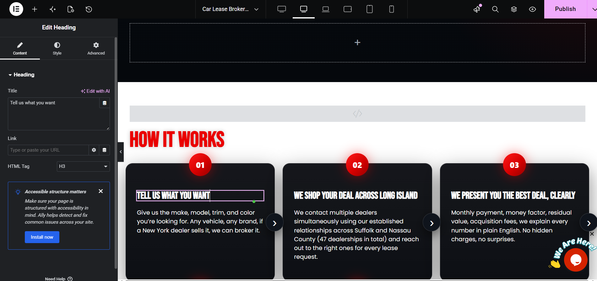Elementor editor showing How It Works section copy being edited for a car lease broker site