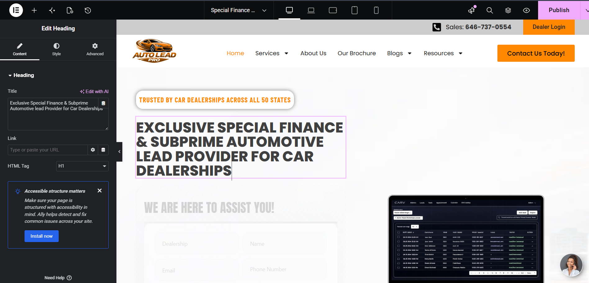 Elementor editor showing homepage heading being edited for SEO