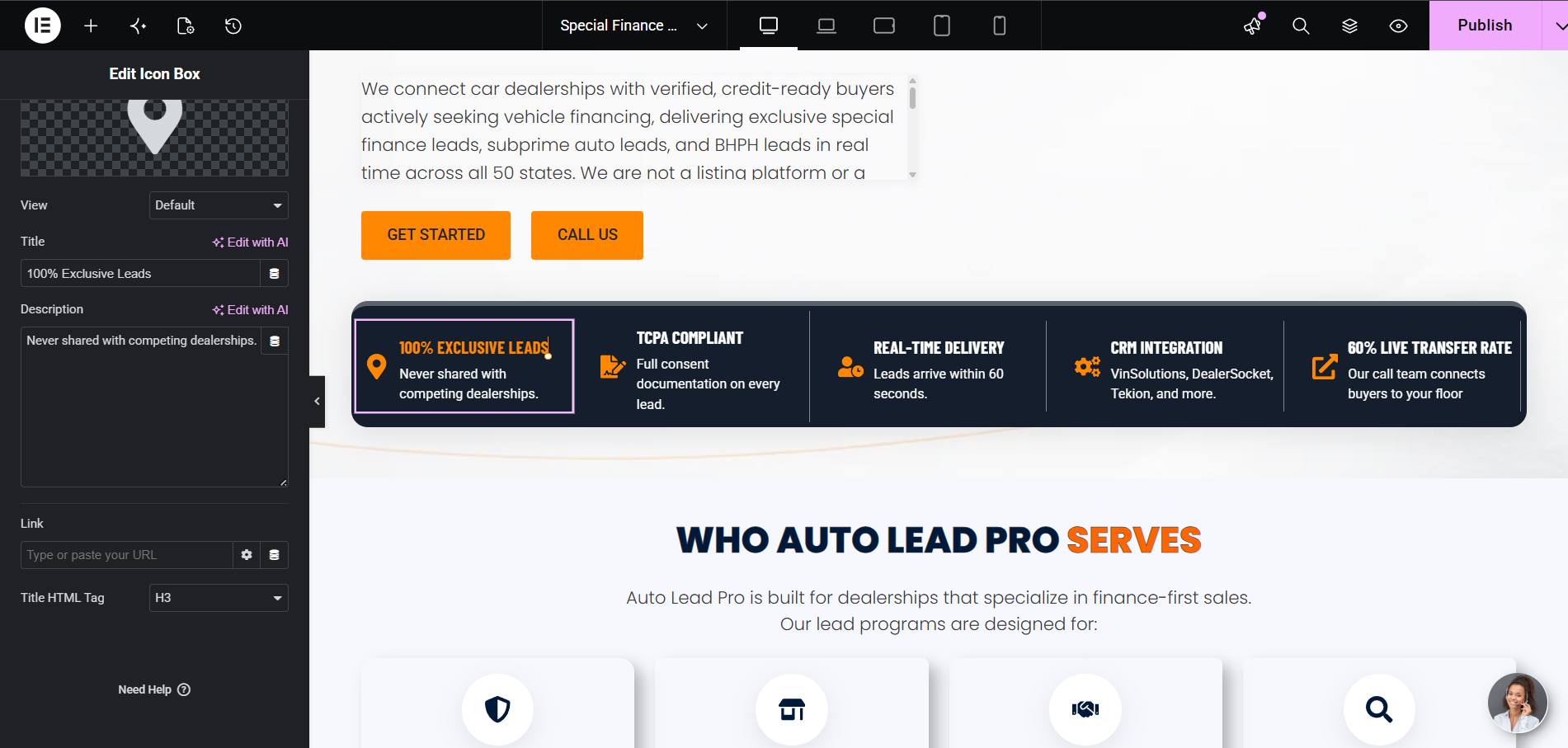 Elementor editor showing icon box content being edited on the homepage