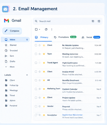 Gmail inbox organized by client, meetings, travel, and admin labels