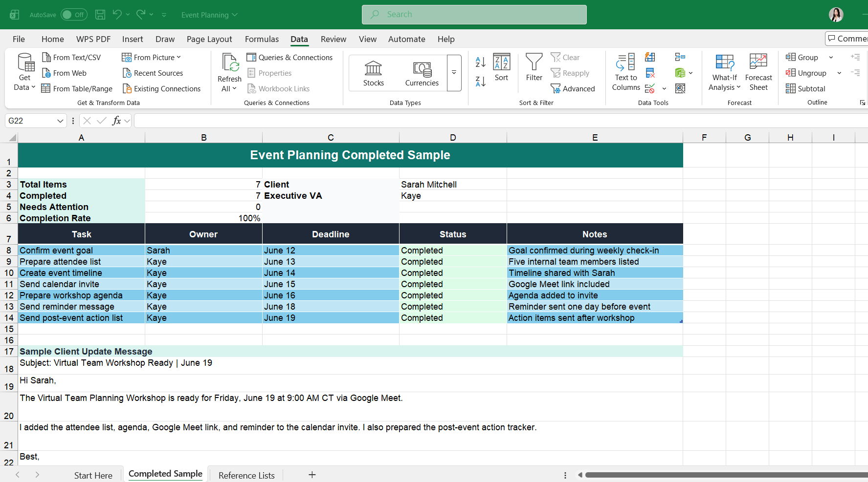 Event planning spreadsheet with completed tasks, owners, deadlines, and a sample client update message