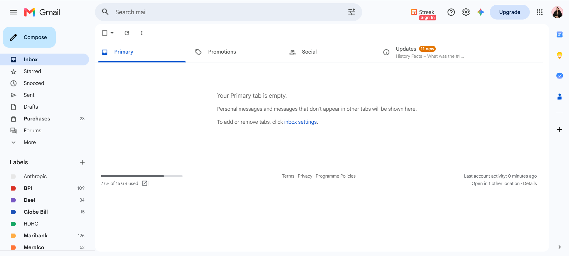 Gmail primary inbox showing an empty, fully processed tab