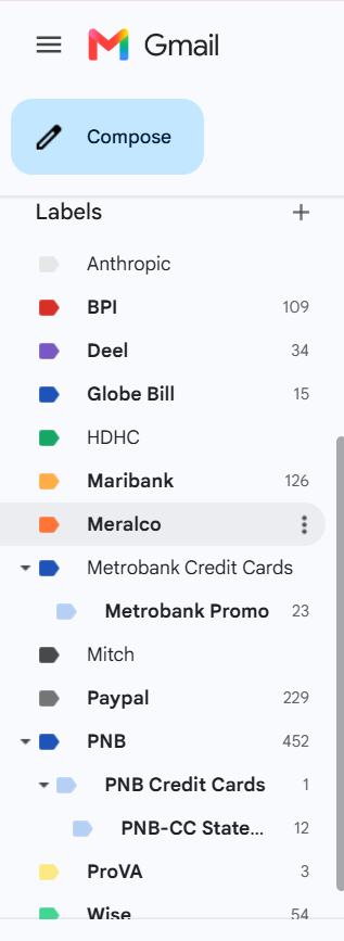 Gmail label sidebar organized by supplier, insurance, taxes, and finance categories