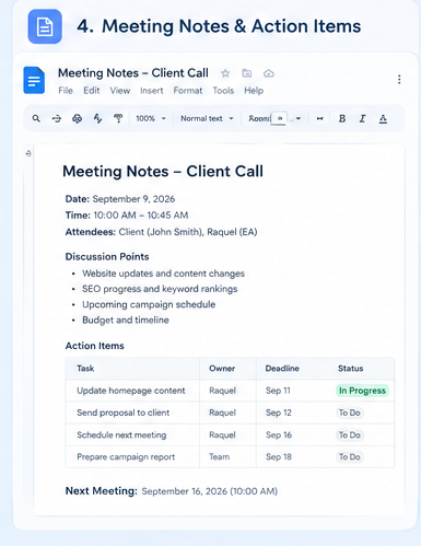 Meeting notes document with discussion points, action items, and owners