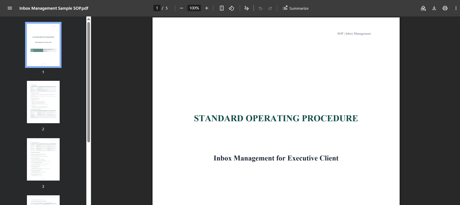Standard operating procedure document for inbox management for an executive client