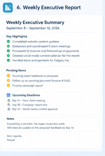 Weekly executive summary with key highlights, pending items, and deadlines