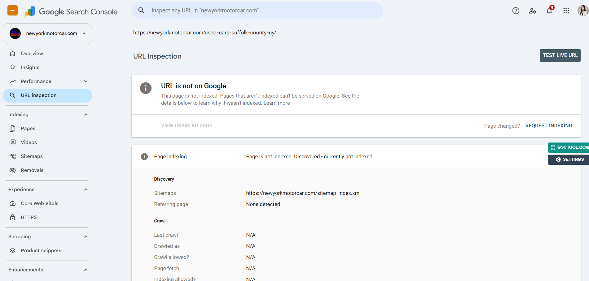Google Search Console showing a URL not indexed on Google