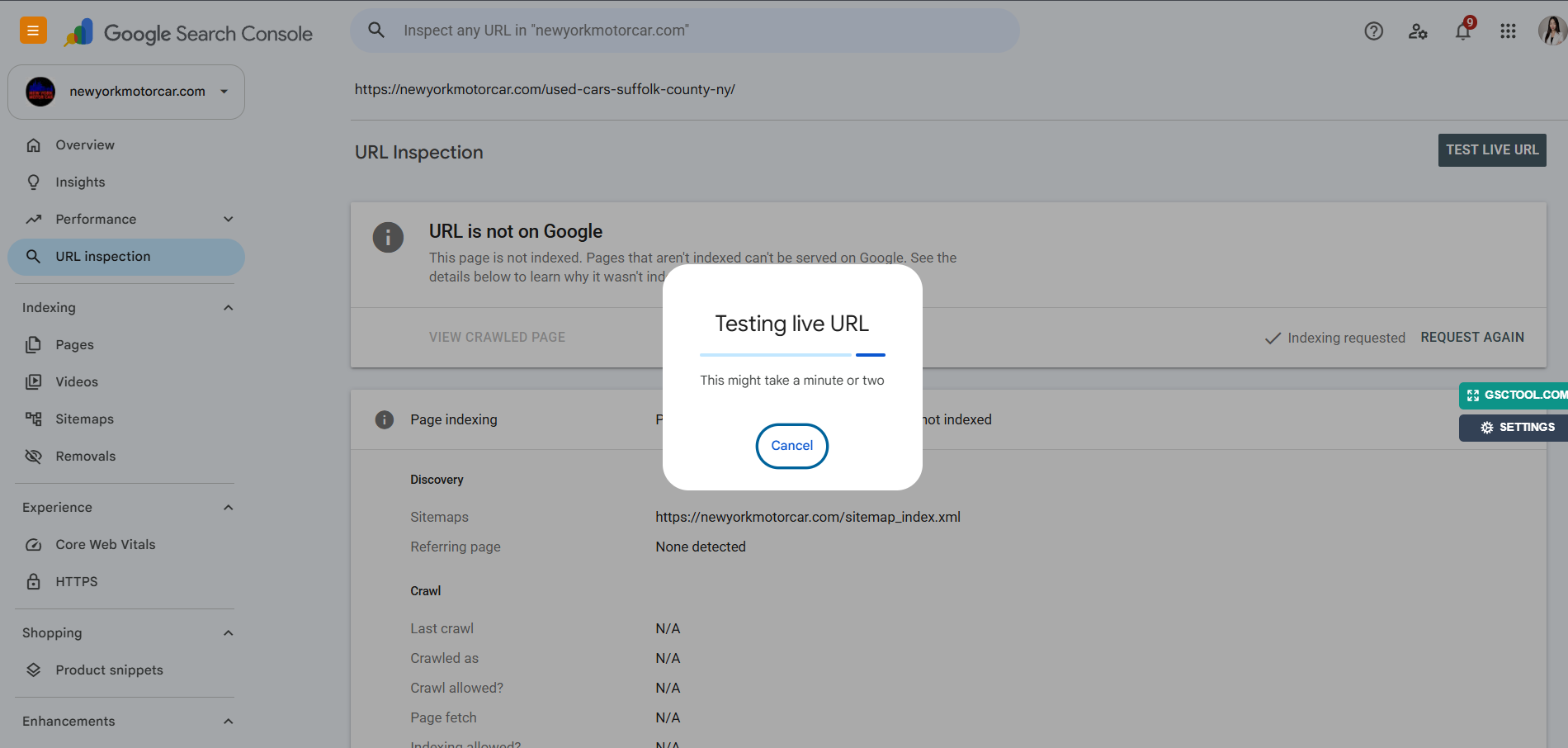 Google Search Console testing live URL after requesting indexing