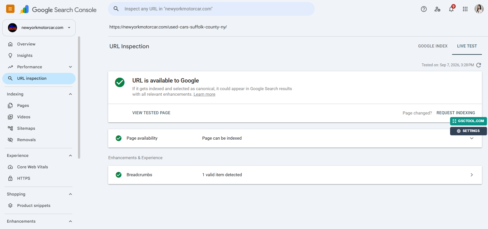 Google Search Console confirming a URL is available to Google