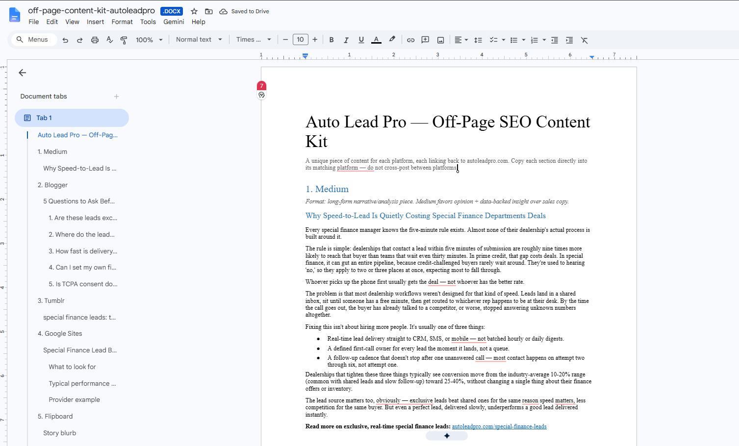 Google Doc containing an off-page SEO content kit with platform-specific articles