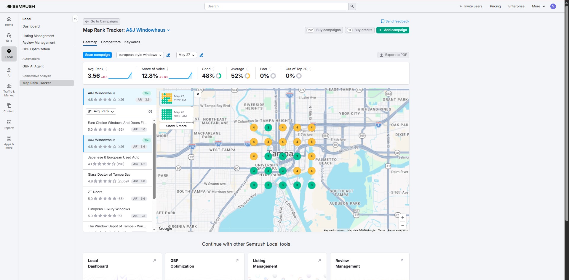 Semrush Map Rank Tracker heatmap for A&J Windowhaus in Tampa, Florida